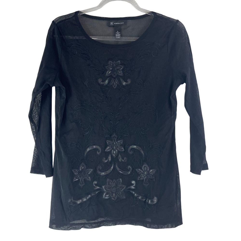 INC International Concepts Sheer Mesh Embroidered Top L Black Whimsigoth 90s Y2K